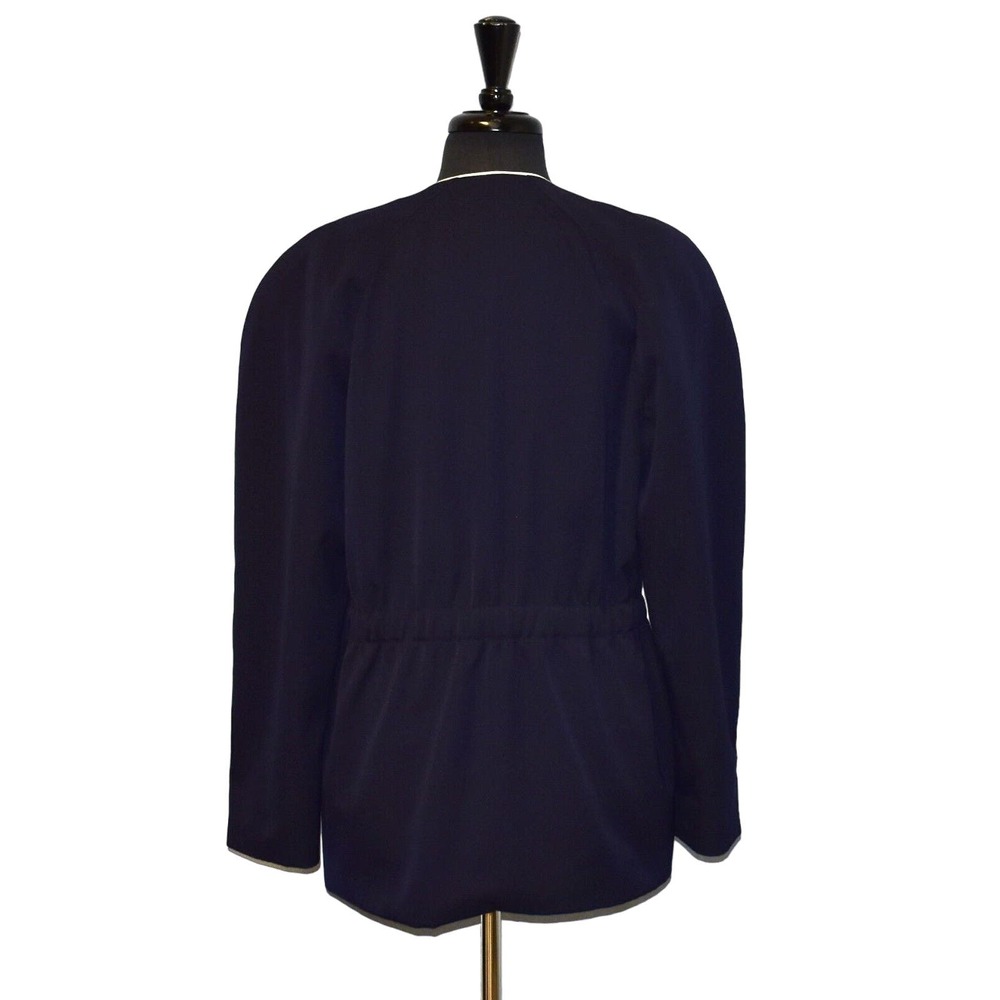 B0 BURBERRYS Navy Wool White Trim Single Button Collarless Jacket Blazer Size L - Picture 4 of 7
